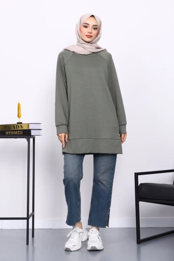Haki Taş Detaylı Modal Tunik