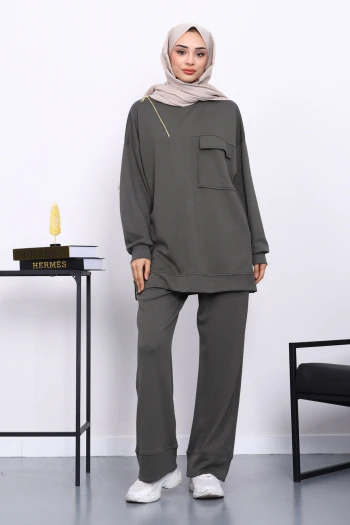 Haki Tek Cepli Tunik Pantolonlu Modal Takım
