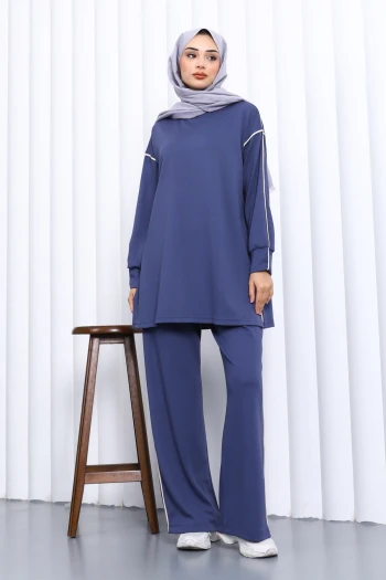 İndigo Biyeli Tunik Pantolonlu Modal Takım
