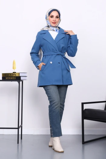 İndigo Kruvaze Yaka Çift Düğmeli Kaşe Kaban