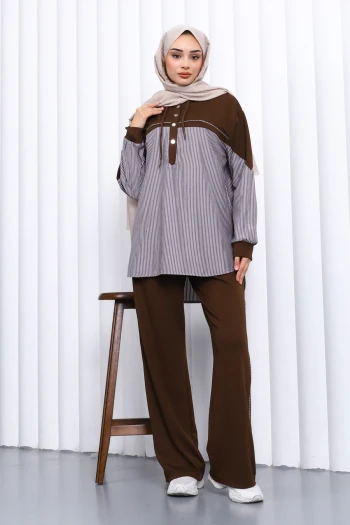 Kahve Gömlek Garnili Pantolonlu Takım