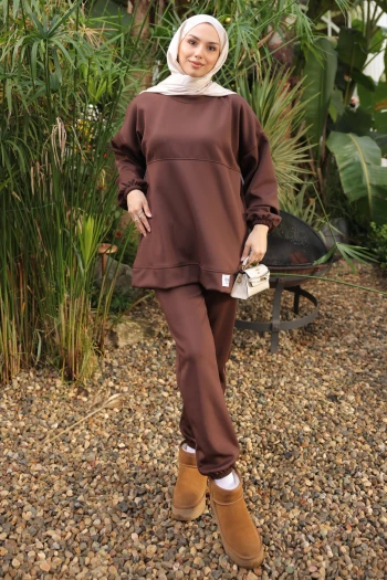 Kahverengi Armalı Tunik Pantolonlu Takım