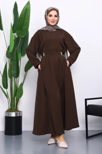 Kahverengi Bel Bağlamalı Piliseli Elbise