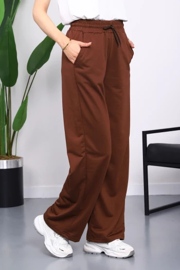 Kahverengi Bel Lastikli İki İplik Palazzo Eşofman Alt