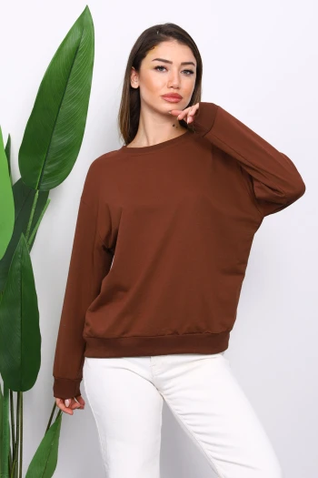 Kahverengi Bisiklet Yaka İki İplik Sweatshirt