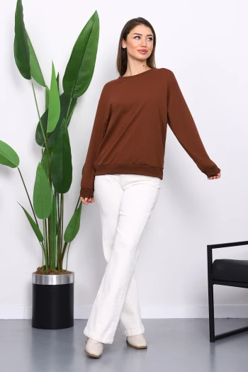 Kahverengi Bisiklet Yaka İki İplik Sweatshirt