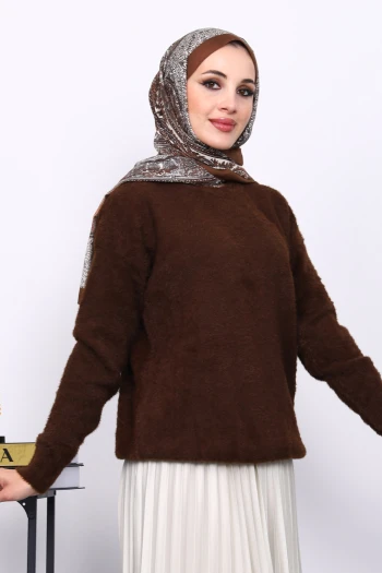 Kahverengi Bisiklet Yaka Angora Yumoş Triko Kazak