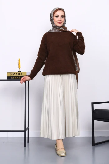 Kahverengi Bisiklet Yaka Angora Yumoş Triko Kazak