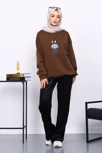 Kahverengi Bisiklet Yaka Üç İplik Sweat