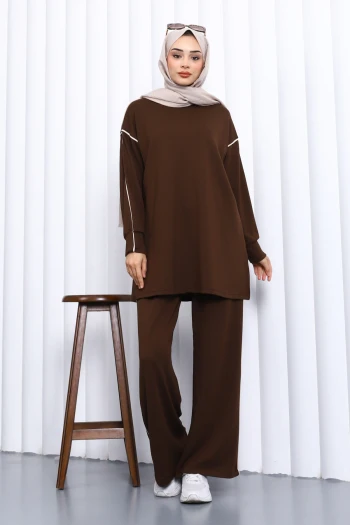 Kahverengi Biyeli Tunik Pantolonlu Modal Takım