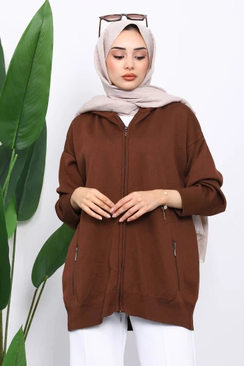 Kahverengi Çift Cepli Fermuarlı Triko Hırka