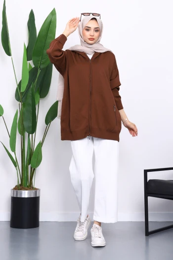 Kahverengi Çift Cepli Fermuarlı Triko Hırka