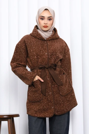 Kahverengi Çırçıtlı Kuşaklı Kaşe Ceket