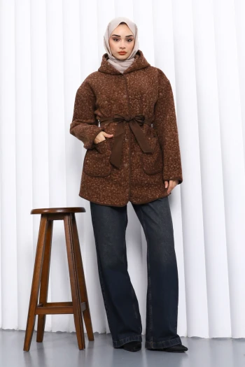 Kahverengi Çırçıtlı Kuşaklı Kaşe Ceket