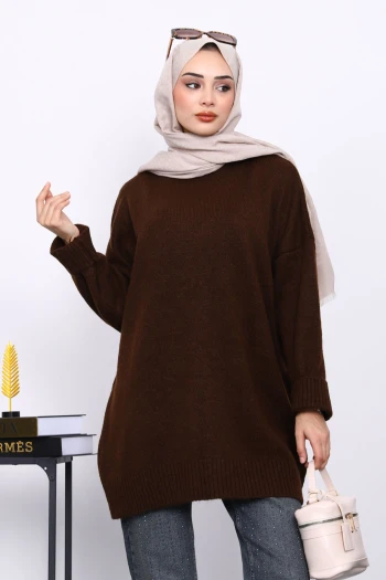 Kahverengi Dik Yaka Oversize Triko Kazak