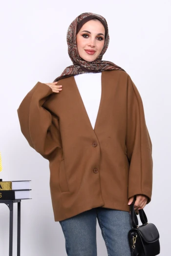 Kahverengi Düğme Detaylı Astarlı Kaşe Ceket