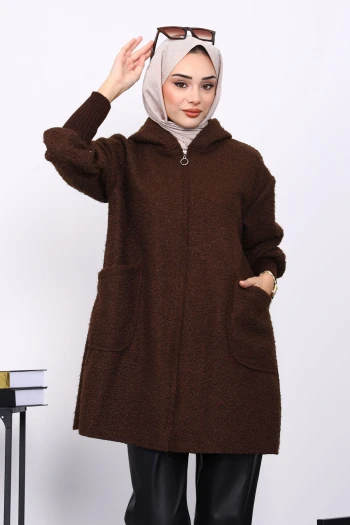 Kahverengi Fermuarlı Cepli Buklet Kaban