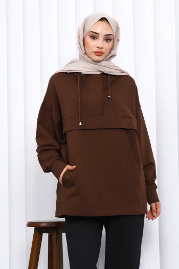 Kahverengi Fermuarlı Cepli İki İplik Oversize Sweat