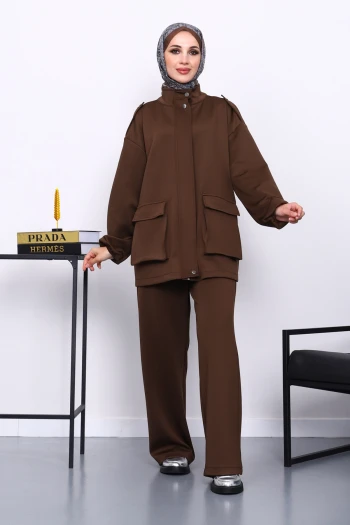 Kahverengi Fermuarlı Scuba Ceket Pantolonlu Takım