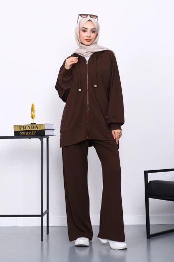 Kahverengi Fermuarlı Tunik Pantolonlu Takım