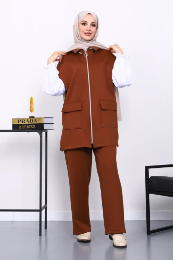 Kahverengi Fermuarlı Yelek Pantolonlu Scuba Takım