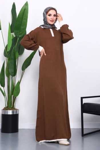 Kahverengi Gömlek Yaka Fermuarlı Triko Elbise