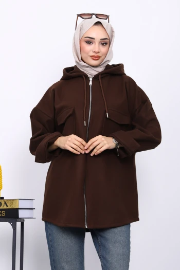 Kahverengi Kapşonlu Çift Cepli Kaşe Ceket