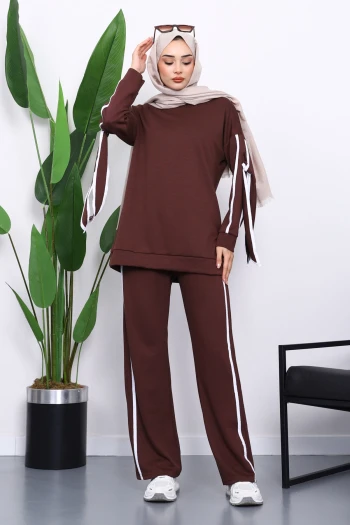 Kahverengi Kol Bağlamalı Tunik Pantolonlu Takım