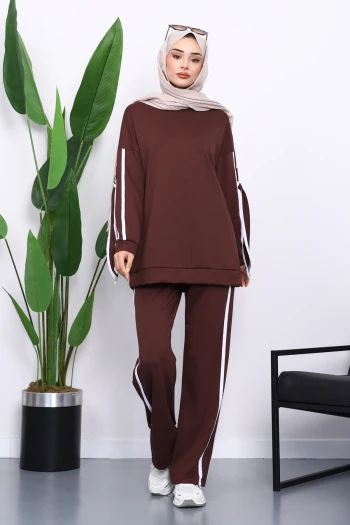 Kahverengi Kol Bağlamalı Tunik Pantolonlu Takım