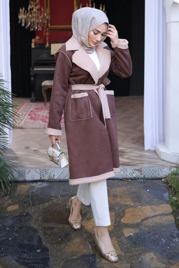 Kahverengi Kruvaze Yaka İçi Kürklü Süet Kaban