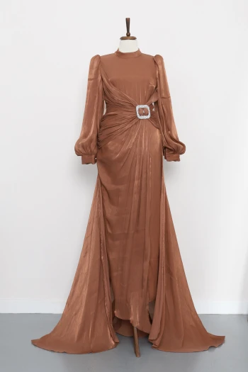 Kahverengi Önü Taş Detaylı Abiye