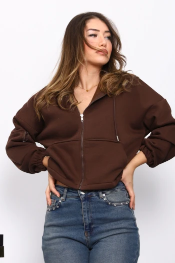 Kahverengi Sağ Kol Fermuarlı Cepli Üç İplik Sweat Hırka