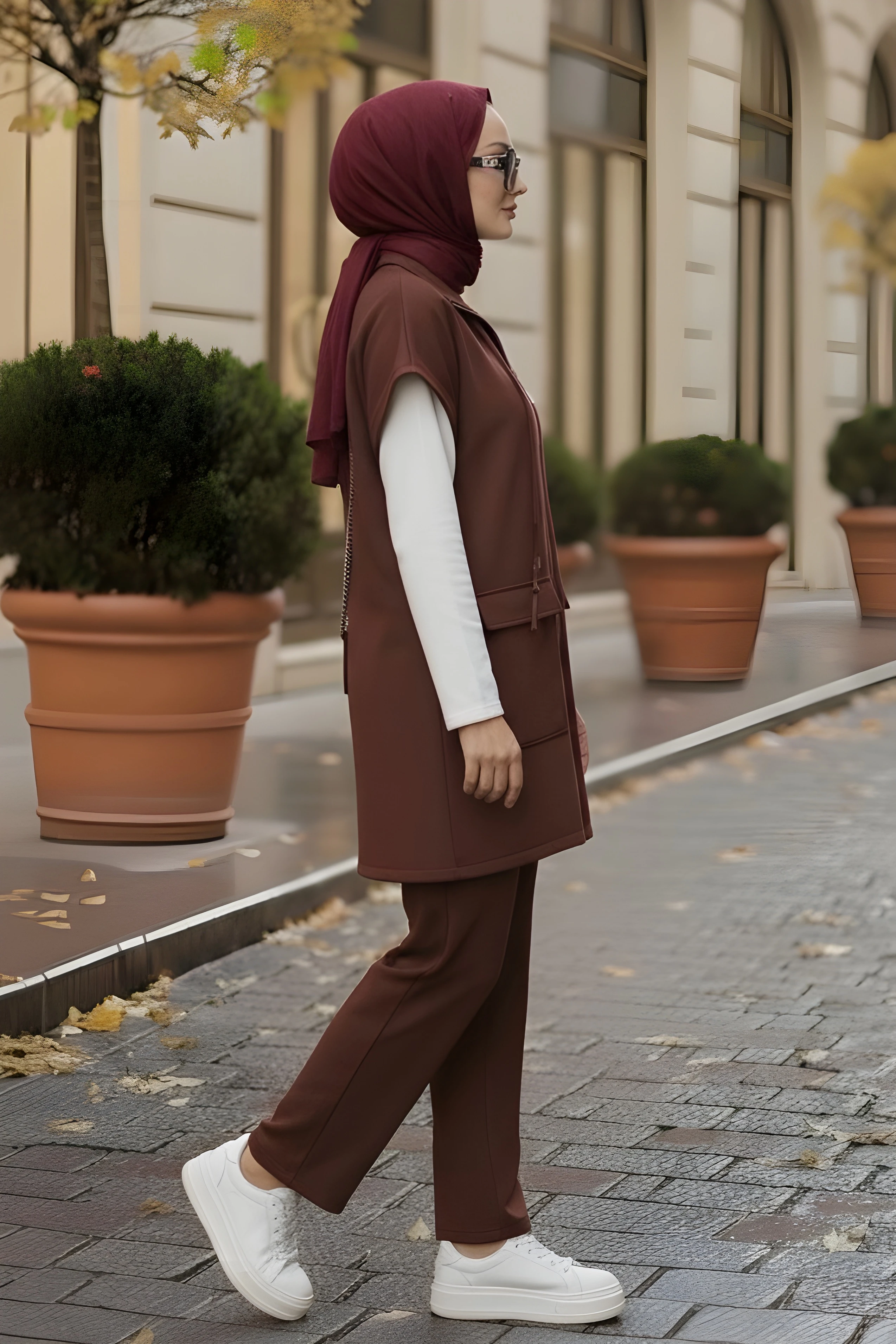 Kahverengi Scuba Yelek Pantolonlu Üçlü Takım