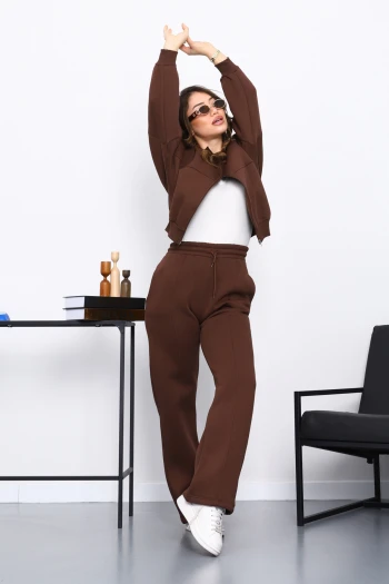 Kahverengi Üç İplik Sweat Hırka Pantolonlu Takım