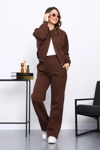 Kahverengi Üç İplik Sweat Hırka Pantolonlu Takım