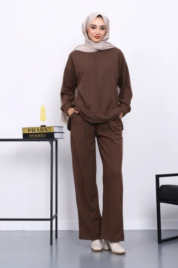 Kahverengi Üst ve Pantolonu Nervür Dikişli Selanik Takım