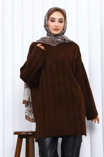 Kahverengi Yan Yırtmaçlı Fitilli Triko Tunik