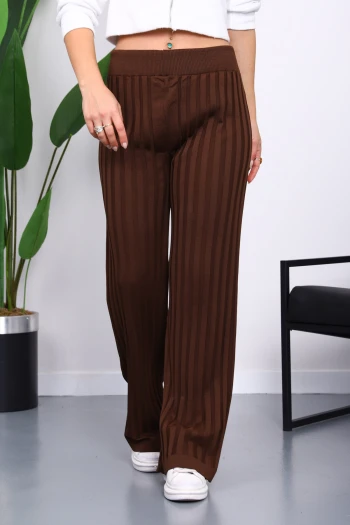 Kahverengi Yüksek Bel Fitilli Bol Paça Triko Pantolon