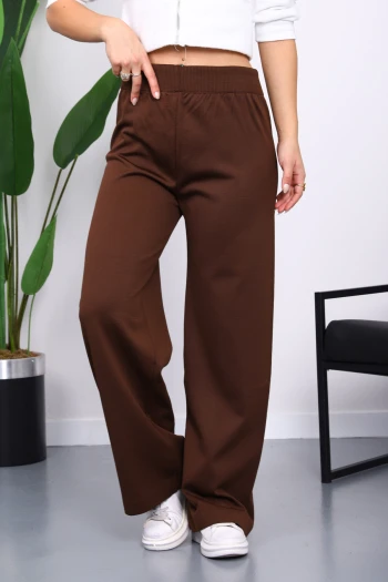 Kahverengi Yüksek Bel Fitilli Bol Paça Triko Pantolon