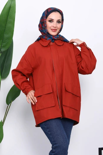 Kiremit Cep Detaylı Fermuarlı Gabardin Ceket