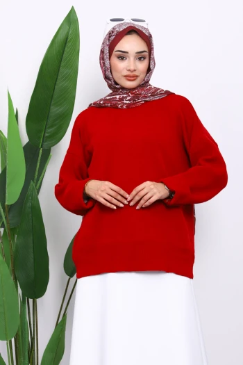 Kırmızı Bisiklet Yaka Yumuşak Dokulu Oversize Triko Kazak