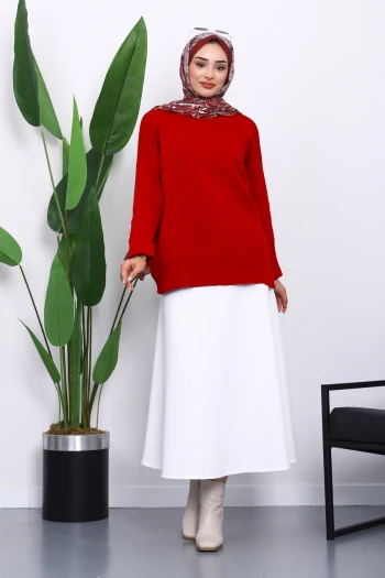 Kırmızı Bisiklet Yaka Yumuşak Dokulu Oversize Triko Kazak