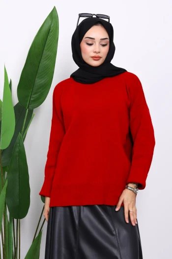 Kırmızı Bisiklet Yaka Yumuşak Dokulu Oversize Triko Kazak