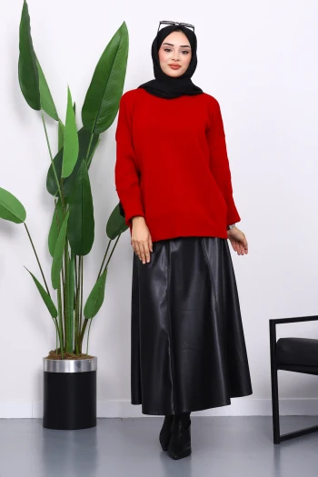 Kırmızı Bisiklet Yaka Yumuşak Dokulu Oversize Triko Kazak