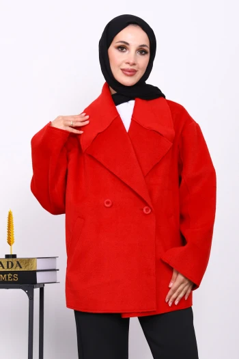 Kırmızı Çift Cepli Düğmeli Kaşe Ceket