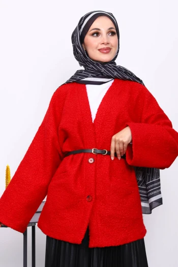 Kırmızı Kemerli Oversize Buklet Ceket