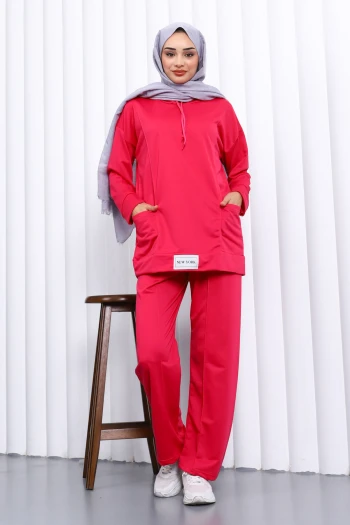 KOYU FUŞYA Önü Etiketli İki İplik Tesettür Takım