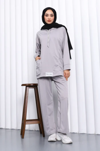 Koyu Gri Önü Etiketli İki İplik Tesettür Takım