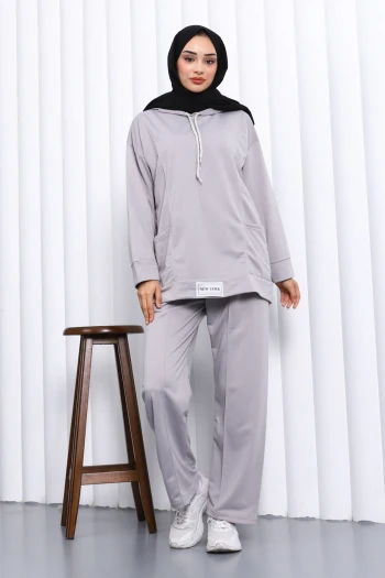 Koyu Gri Önü Etiketli İki İplik Tesettür Takım