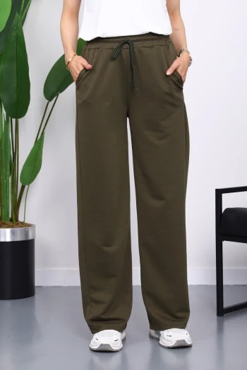 Koyu Haki Bel Lastikli İki İplik Palazzo Eşofman Alt